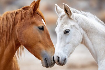 Fototapeta premium Chestnut mare and white horse gently touching noses in a close-up wildlife portrait, showcasing their unique features and textures against a blurred natural background