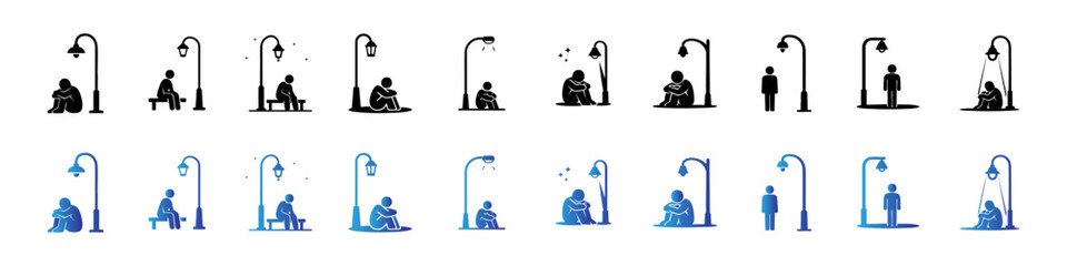 Lonely Person Under Street Lamp Illustration Set