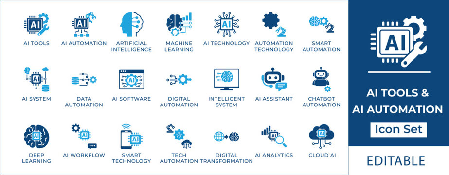 AI tools and automation icon set featuring artificial intelligence, machine learning, deep learning, chatbot, neural network, smart technology, and digital transformation symbols.