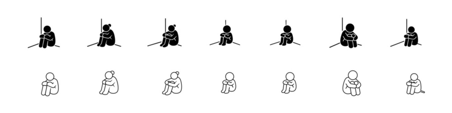 Set of Sad and Depressed Person Sitting Icons