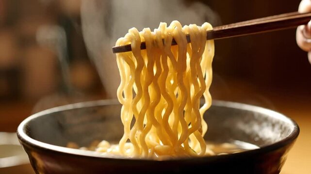  Lifting Steaming Ramen Noodles with Chopsticks