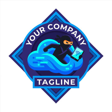 This logo features a ninja character interacting with a cloud, symbolizing agility and innovation in the tech industry, perfect for any modern digital company.