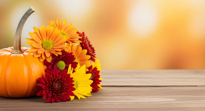 Autumnal Harvest Arrangement A Pumpkin Adorned with Vibrant Fall Flowers on a Wooden Surface with a Soft Bokeh Background