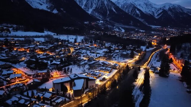 Chamonix town glowing at twilight in the snowy French Alps