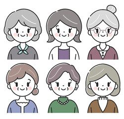 Fototapeta premium 色々な髪型と服装のシニア女性アイコン 上半身