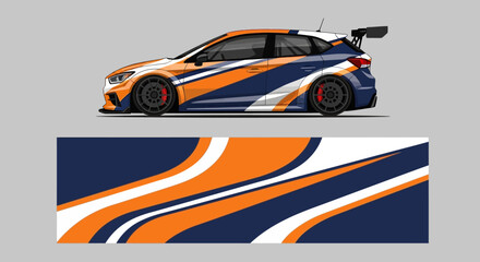 Racing orange and blue striped sedan with aerodynamic styling and bold livery, showcased as a striking transport vehicle.