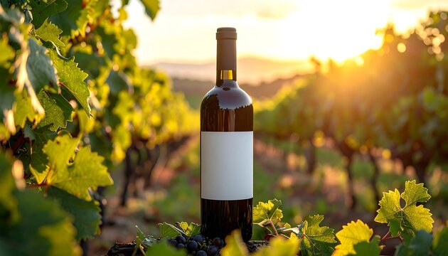 Wine bottle with blank label stands in vineyard, sunlight glowing behind leaves