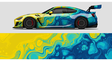 Colorful racing racecar with swirling abstract paint design and dynamic sport silhouette. © Lailatul