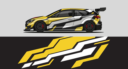 Fototapeta premium Yellow and Black Race Car with Bold Graphics and Dynamic Livery on Track.