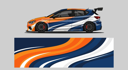 Obraz premium Sleek orange and blue race car with bold graphics and aerodynamic accents on a stylized track banner.