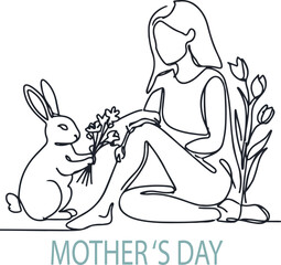 Obraz premium minimalist easter theme line art of a sittind woman with a rabbit holding flowers, elegant simple lines, modern minimal logo icon design, clean vector illustration, balanced composition, floral eleme