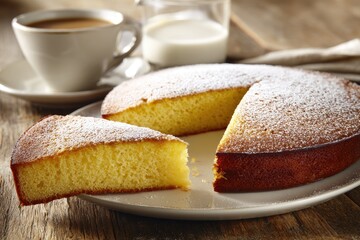 Delicious cake slice on a plate with coffee and milk overhead shot