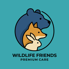 Obraz premium An engaging logo featuring stylized animals—a bear, fox, and rabbit—highlighting the essence of wildlife companionship and premium care in a modern, simplistic style.