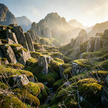 montagnes rocheuses mousse, falaises moussues, pics rocheux verts, paysage montagneux mossy, rochers couverts lichen, falaises verdoyantes soleil, formations rocheuses vertes, montagnes &eacute;rod&eacute;es mousse