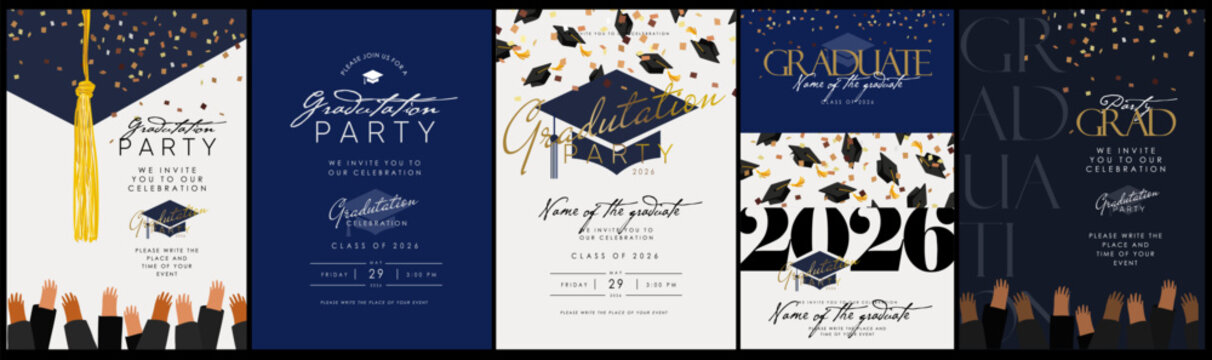 Graduation party. Vector illustration of a mortarboard cap, hands tossing hats, confetti, and elegant typography. Modern graduate celebration invitation templates for the class of 2026.