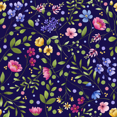Seamless dark blue pattern with flowers and leaves, repeating paper, background. Floral backdrop for textile, fabric, wallpaper. Hand drawn flowers and leaf.