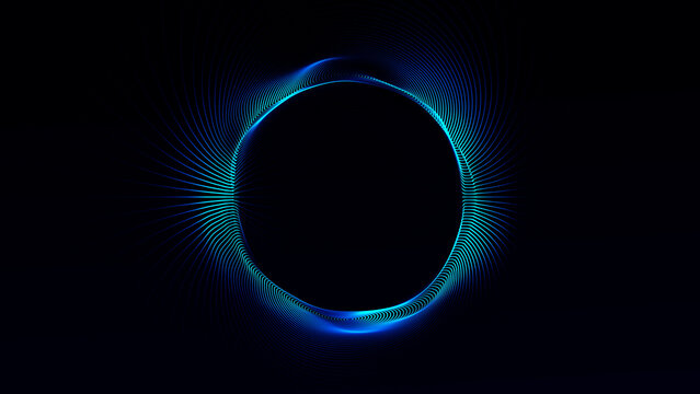 Abstract blue digital lines forming glowing circular energy field on dark background. Futuristic technology ring with smooth wave structure and cyber light pattern.