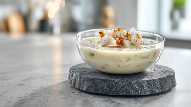 A contemporary interpretation of Cullen Skink featuring flaked smoked haddock and potatoes in a creamy white broth, served in a glass bowl on slate.