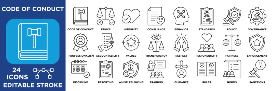 Code of Conduct icon set featuring ethics, integrity, compliance, behavior, standards, policy, governance, professionalism. line black vector