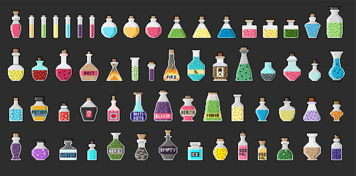 Pixel art magic bottles, potions, alchemy flasks and fantasy elixirs in different colours and forms. Vector illustration. 8bit old game style. Each square is 10x10 px in size