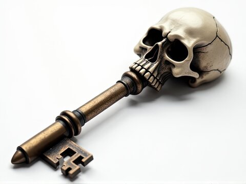 A skeleton key sits alone on a white surface
