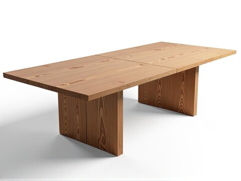 A simple wooden table with four square legs on a white background