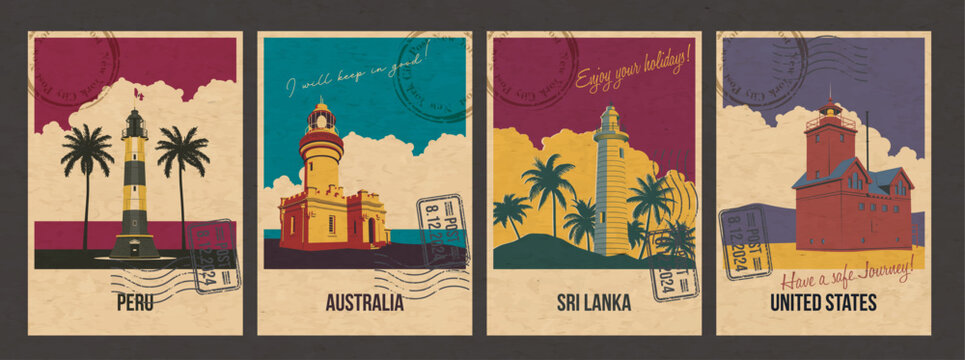 Peru, Australia, Sri Lanka, United States Attraction Postcard Set, World Beacons Popular Place Illustrations, Vector Templates Retro Style Greeting Card. Vintage Colors, Aged Paper Texture