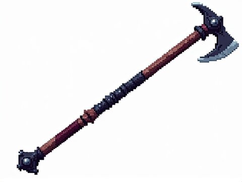 A pixel art depiction of an axe with a wooden handle on a white background