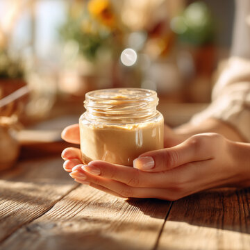 hands holding jar of miso paste