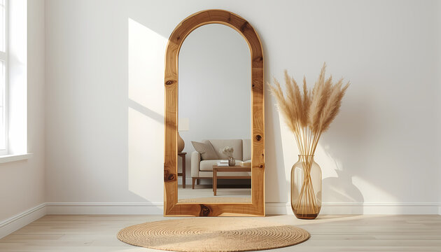 Rustic Arched Wooden Full‑Length Mirror with Pampas Grass Vase in Minimalist Interior Setting