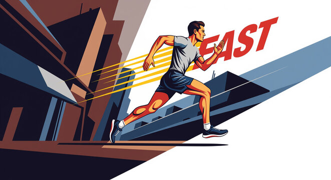 Dynamic illustration of a man running fast with speed lines.
