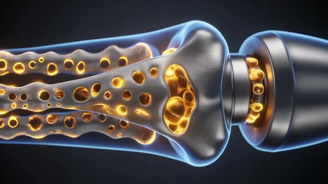 Advanced 3D visualization illustrating the intricate structure of porous bone affected by disease, connected to sophisticated medical technology for analysis or treatment