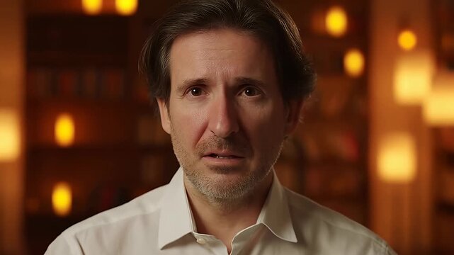 Thoughtful man speaking, conveying emotion in a warm, softly lit environment, close-up portrait, speaking.