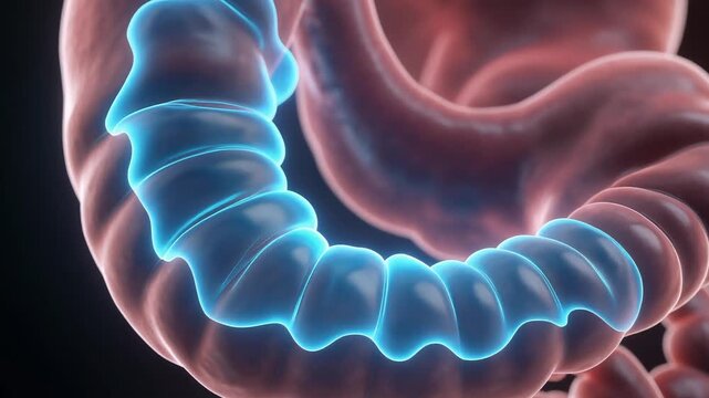 A realistic 3D render of the human large intestine, highlighting its structure and function in digestion and absorption of water and nutrients