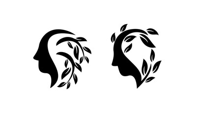 Human Head Profiles with Leaves Logo - Nature, Wellness, and Mental Health Concept