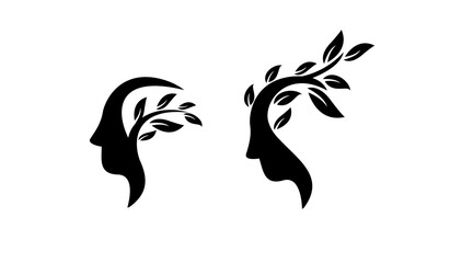 Black Silhouette Human Head Profile with Growing Tree Branches and Leaves Symbolizing Mental Growth and Nature Connection
