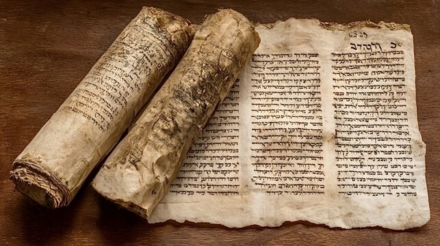 Ancient parchment scrolls with faded hebrew script, weathered and worn, revealing sacred religious texts and centuries of jewish literary tradition and historical scholarship