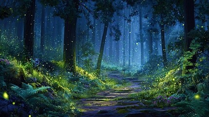 Obraz premium Enchanted forest landscape featuring a winding path through bioluminescent foliage and countless fireflies creating a magical and dreamlike atmosphere