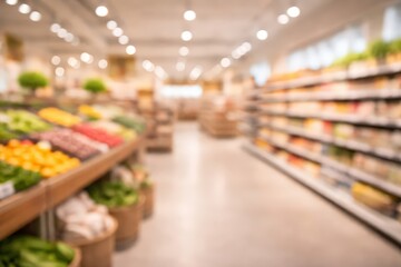 Fototapeta premium Blurred Supermarket Aisle with Fresh Produce and Groceries, Defocused Background of a Modern Retail Store, Healthy Food Shopping Concept with Bokeh Lights