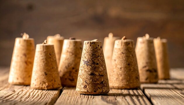 Wine corks are displayed in a group on a rustic wood surface, under sunlight, creating shadows and a warm ambiance