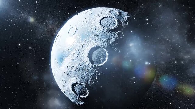 Detailed 3D render of a cratered moon or planet orbiting in deep space with distant stars and nebulae creating a vast cosmic backdrop for science fiction or astronomical exploration themes