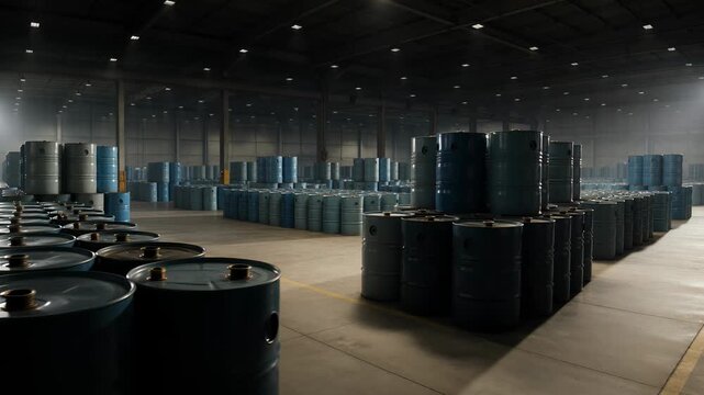 Industrial storage of crude oil in metal barrels stacked inside a warehouse representing petroleum distribution and fuel logistics