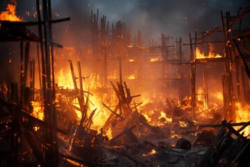 Structures engulfed in intense flames and smoke, showing widespread destruction from a massive fire