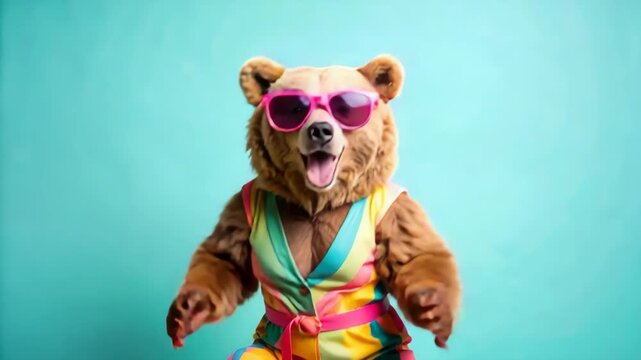 Happy brown bear character wearing pink sunglasses and colorful striped vest dancing on teal background