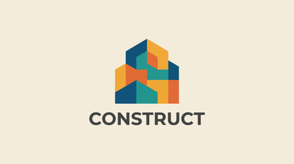 Fototapeta premium A vibrant geometric logo reflecting the concept of construction, featuring interlocking shapes in shades of blue, green, orange, and yellow, symbolizing creativity and structure.