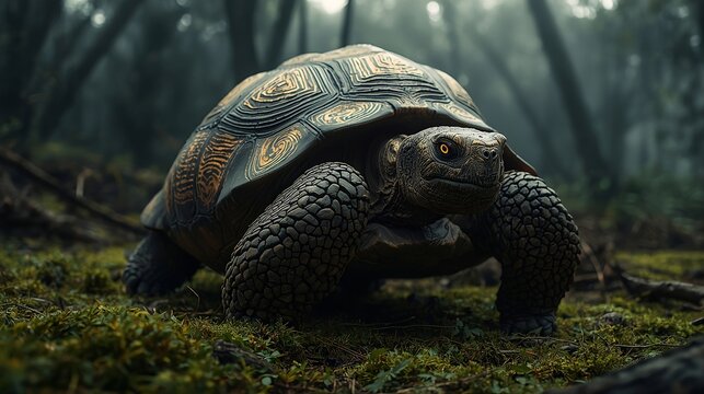Giant tortoise walking through a dark mystical forest with detailed shell texture, cinematic atmosphere.