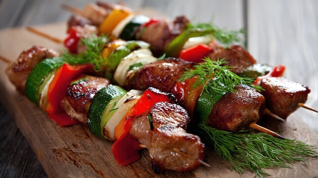 Delicious and Tasty Shashlik Dish at a Restaurant, Grilled Meat Skewers with Juicy Chunks of Lamb or Pork, Charred Vegetables and Onions, Served with Fresh Herbs, Lavash Bread, and Tangy Sauce, Sizzli