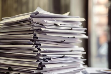 Stack of various documents and files forming a large pile on an office desk