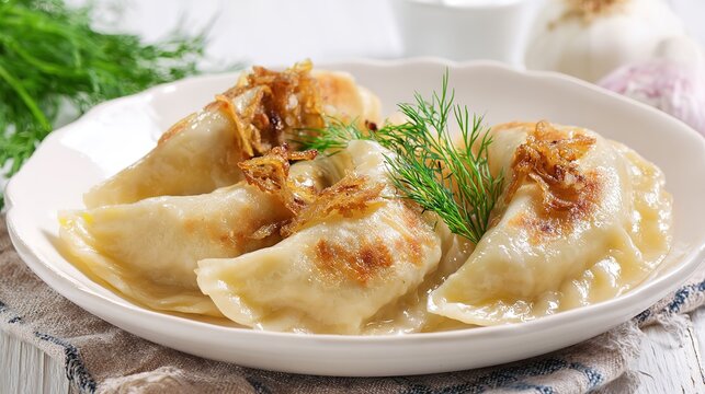 Beautifully Arranged Traditional Polish Pierogi with Creamy Potato and Savory Cheese Filling, Garnished with Fresh Herbs and Crispy Onions &ndash; Perfect for Food Photography and Culinary Art