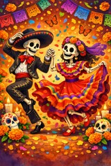 Fototapeta premium Whimsical skeletons in traditional outfits dance amid marigolds, papel picado, candles, and butterflies, conveying lively joy and cultural flair for posters, party invites, and decor.